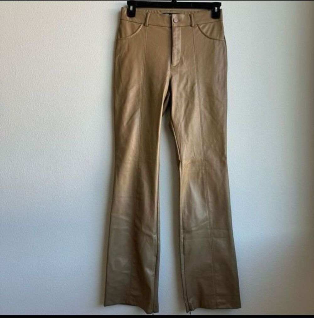Zara Faux Leather Flare Leg Pants Size 28 Medium Tan Nude Stretch High Rise